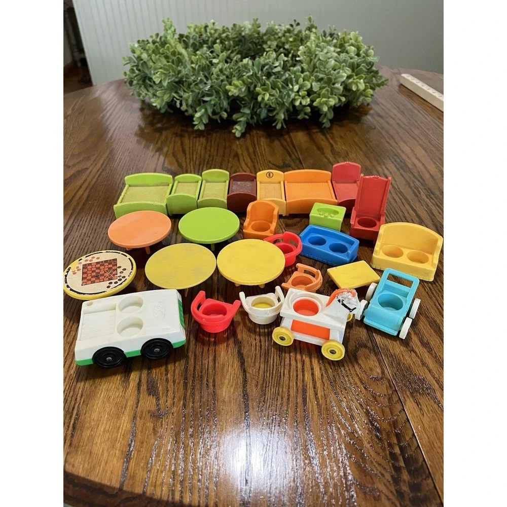 Vintage 1970's Fisher Price Little People Furniture Car Beds Tables Chairs Toys